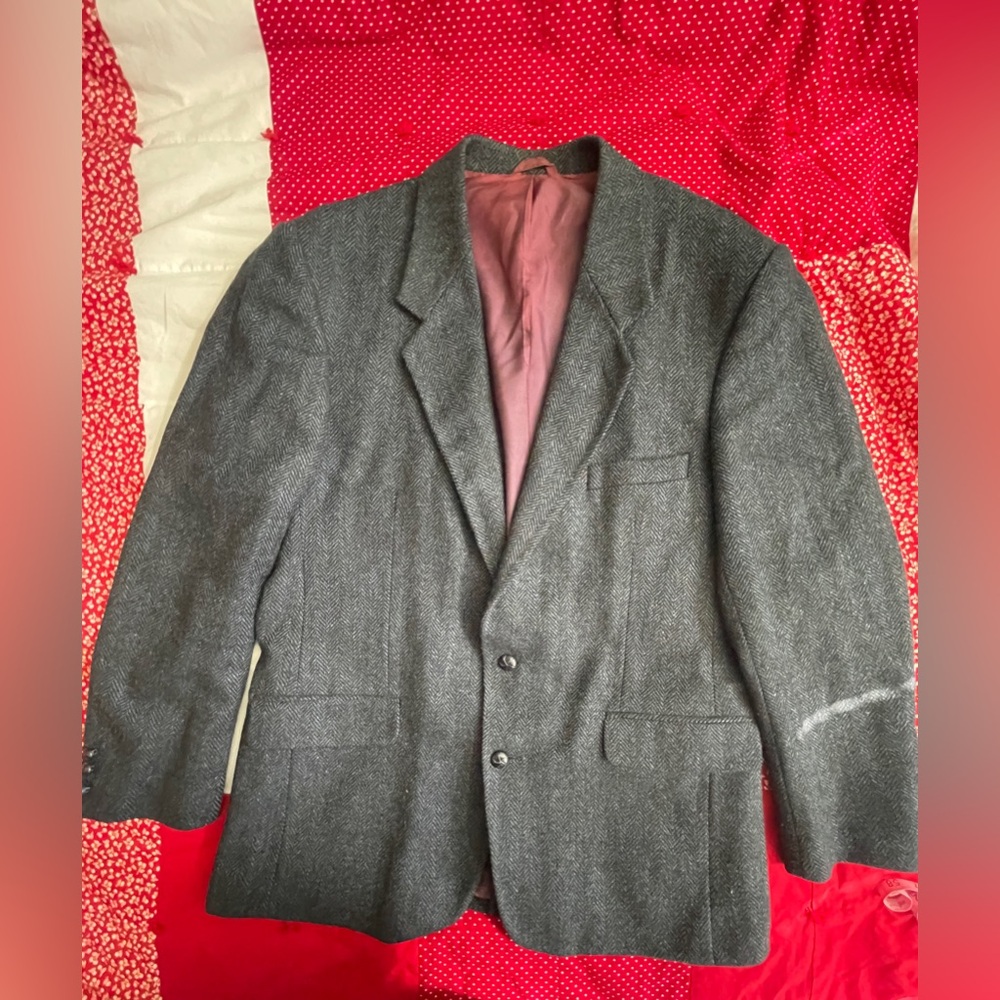 Herringbone 100% Wool Vintage Gray Men's Blazer - Men’s L/XL